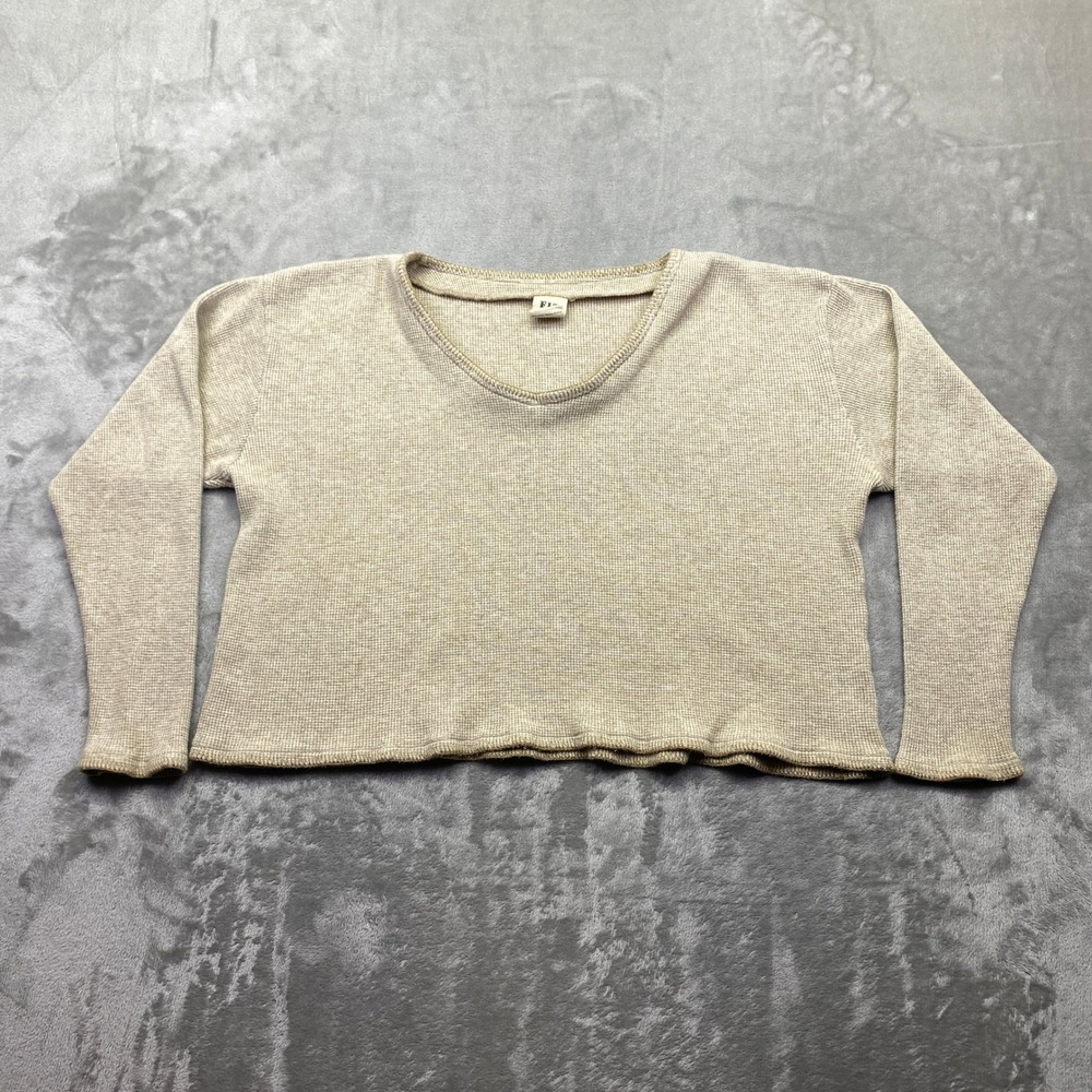 Fitigues Vintage Beige Waffle Knit Thermal V-Neck Cropped Top USA Large Preppy